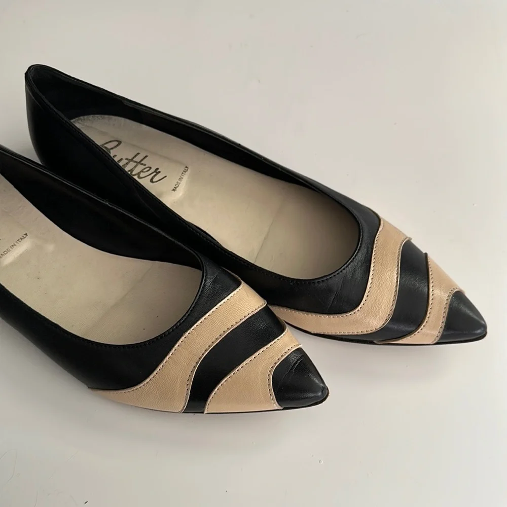 Butter Italian-Made Leather Black and Beige Pointy Toe Flats size 9.5